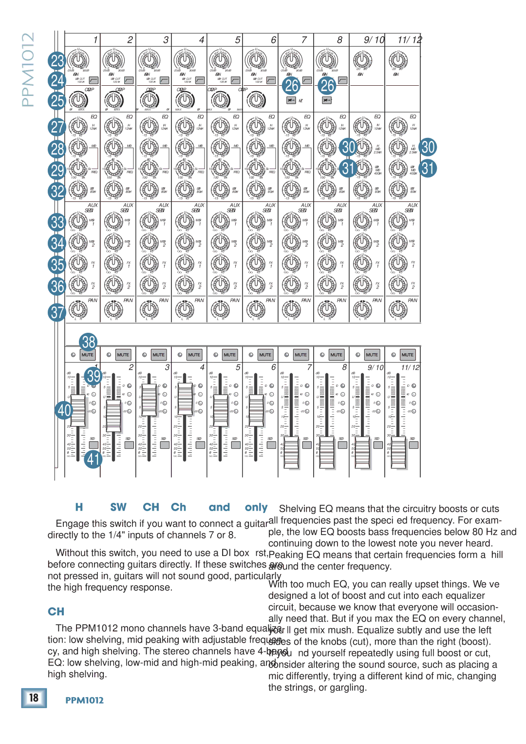 Mackie PPM1012 owner manual HI-Z Switch Ch and 8 only, Channel Equalization EQ 