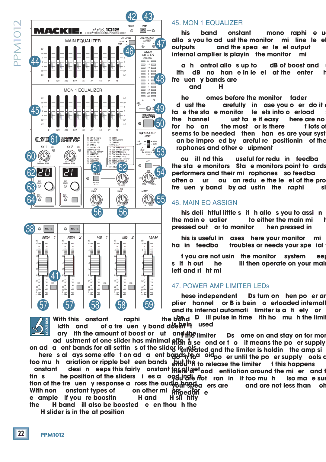 Mackie PPM1012 owner manual MON 1 Equalizer, Main EQ Assign, Power AMP Limiter LEDs 