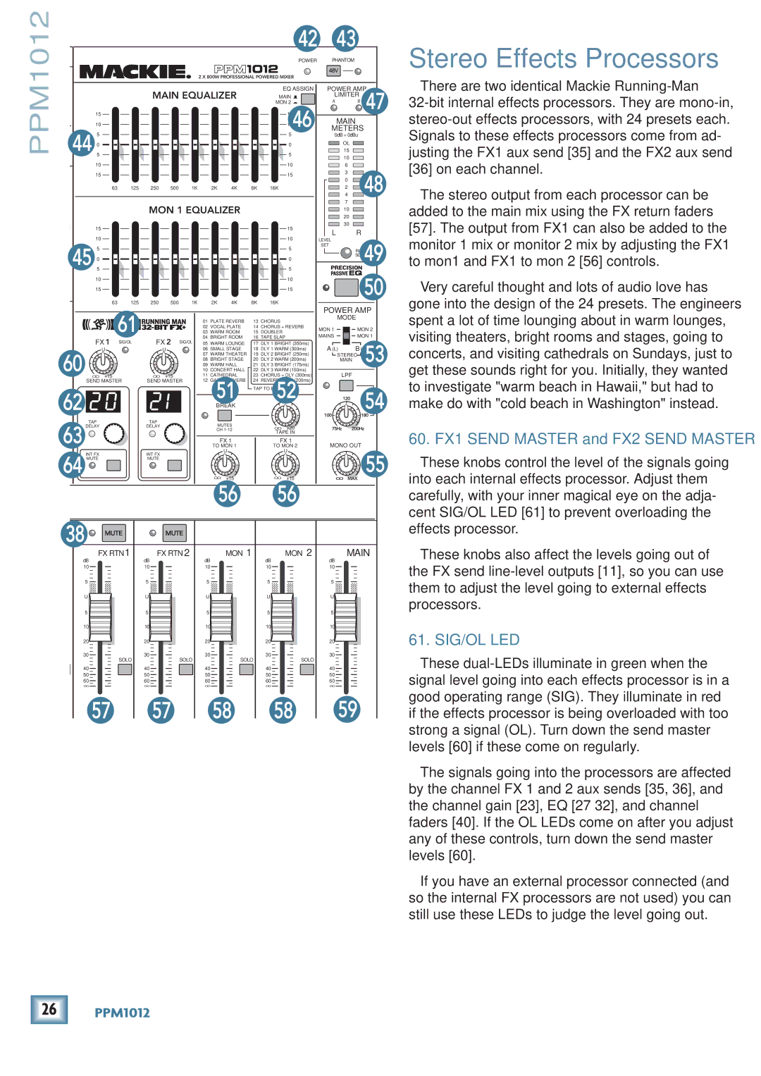 Mackie PPM1012 owner manual Stereo Effects Processors, 60. FX1 Send Master and FX2 Send Master, Sig/Ol Led 