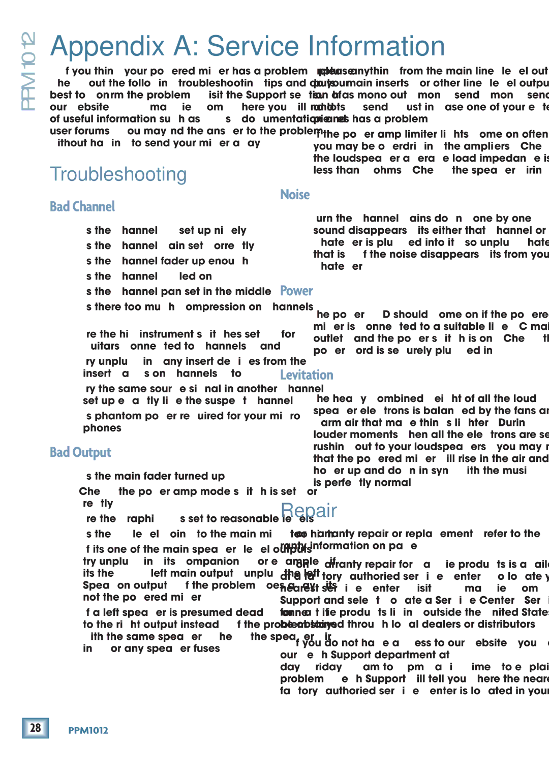 Mackie PPM1012 Appendix a Service Information, Troubleshooting, Repair, Is phantom power required for your micro- phones? 