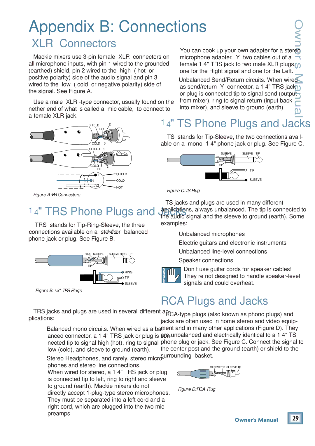 Mackie PPM1012 owner manual Appendix B Connections, XLR Connectors, RCA Plugs and Jacks 