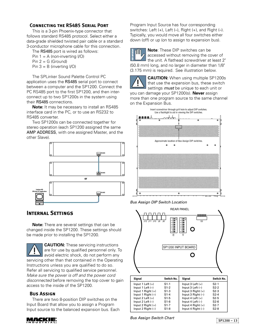 Mackie SP1200 user service Internal Settings, Connecting the RS485 Serial Port, Bus Assign 