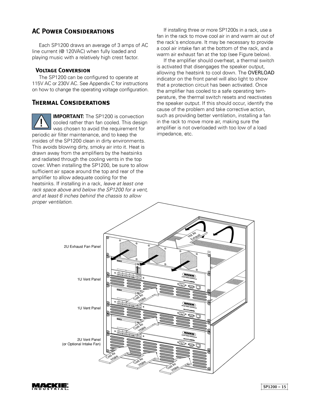 Mackie SP1200 user service AC Power Considerations, Thermal Considerations, Voltage Conversion 