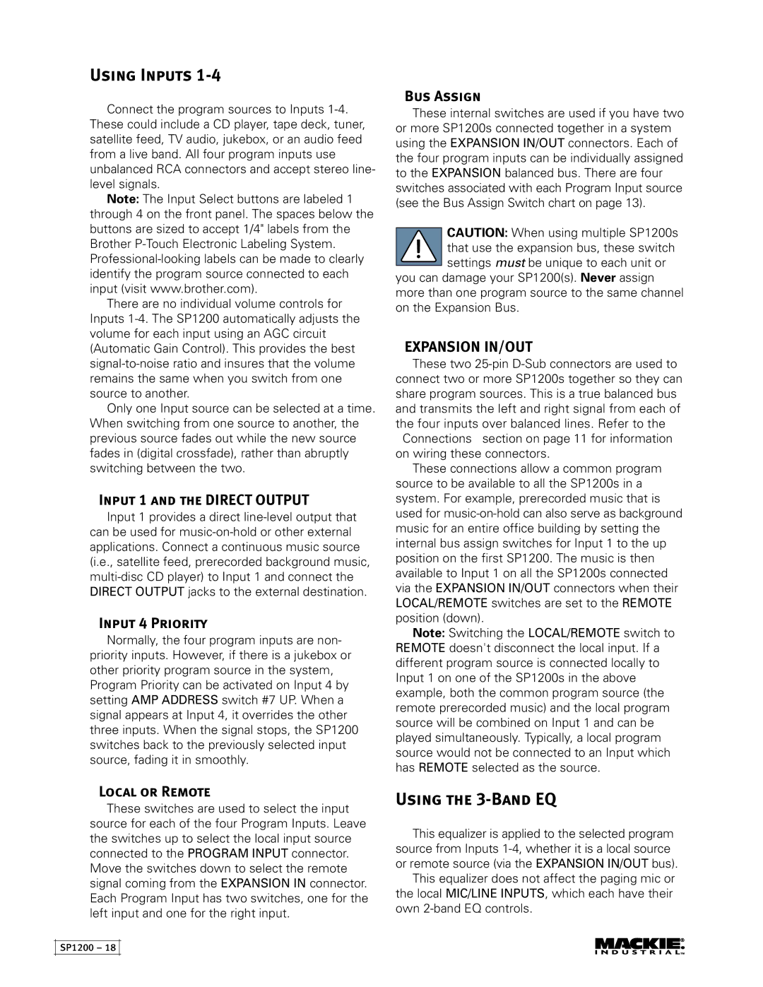 Mackie SP1200 Using Inputs, Using the 3-Band EQ, Input 1 and the Direct Output, Input 4 Priority, Local or Remote 