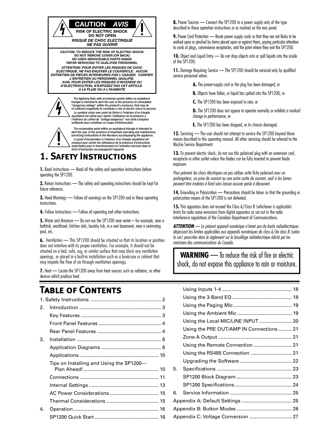 Mackie SP1200 user service Safety Instructions, Table of Contents 