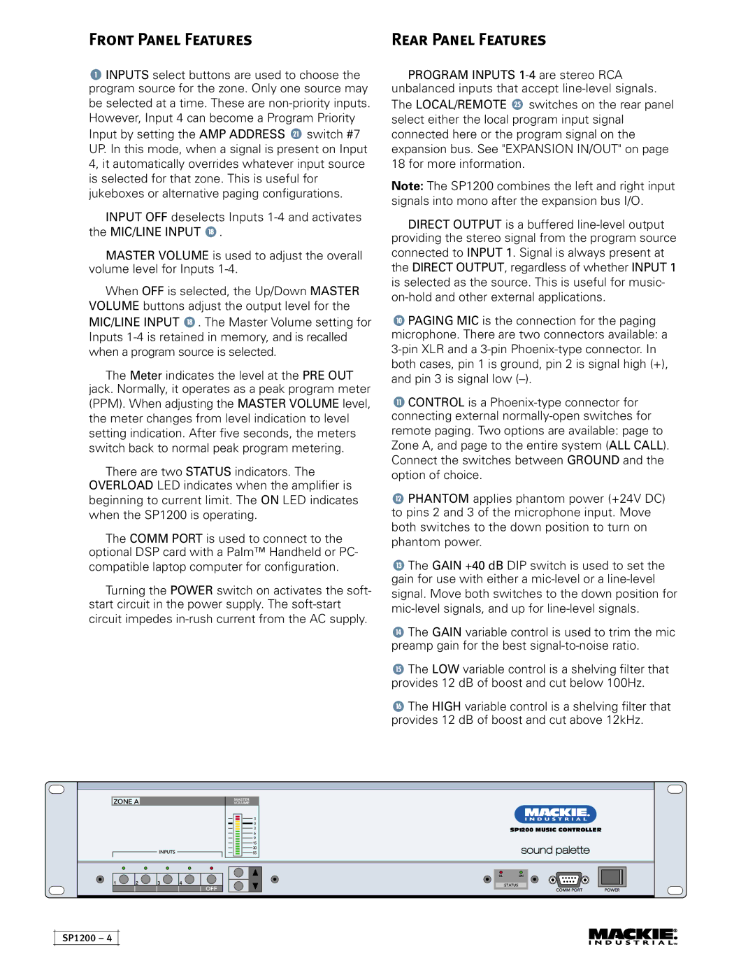 Mackie SP1200 user service Front Panel Features, Rear Panel Features 