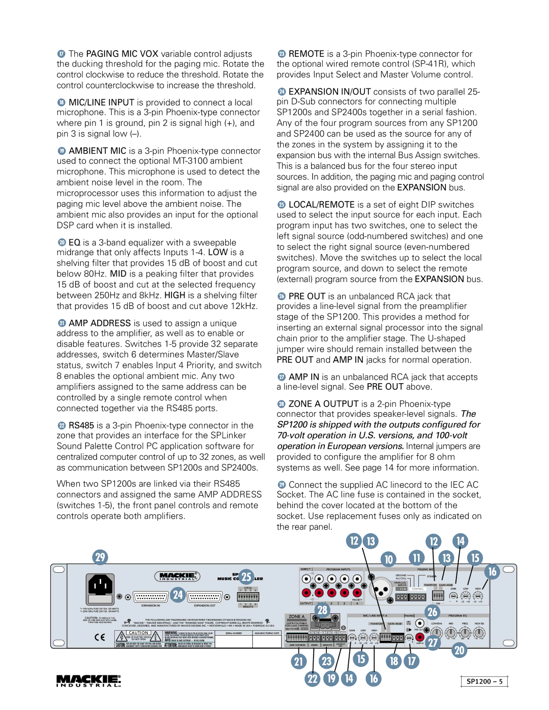 Mackie SP1200 LOW High Priority, Risk of Fire Replace with Same Type Fuse and Rating, Output Suitable, Remote Ambient 