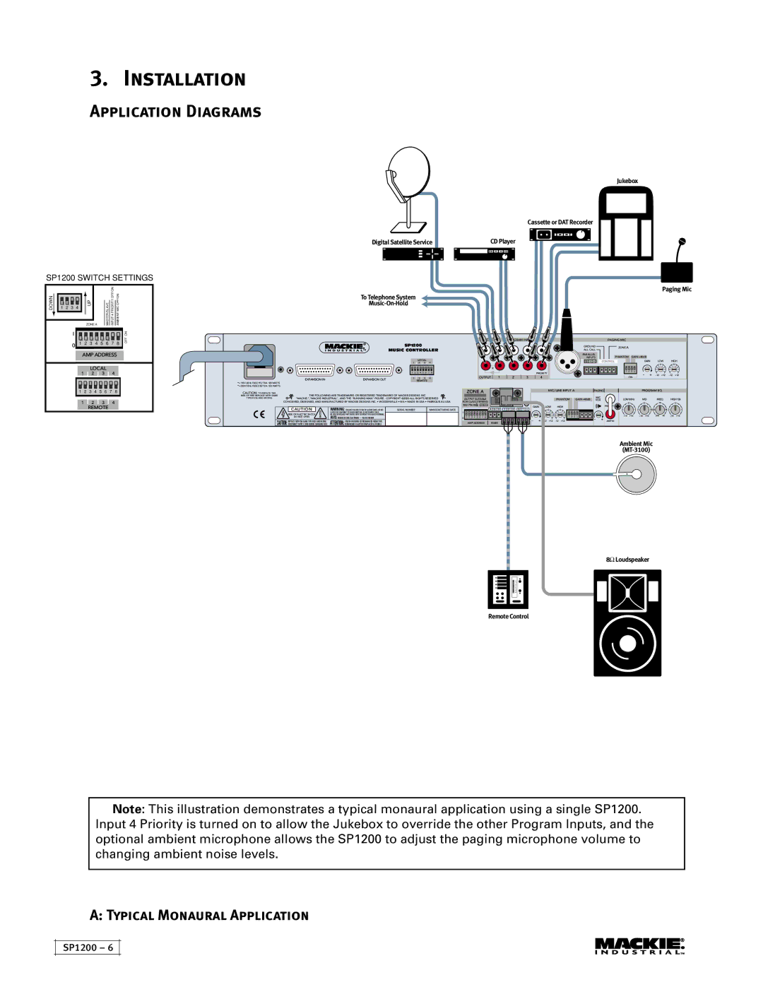 Mackie SP1200 user service Installation, Application Diagrams, Typical Monaural Application 