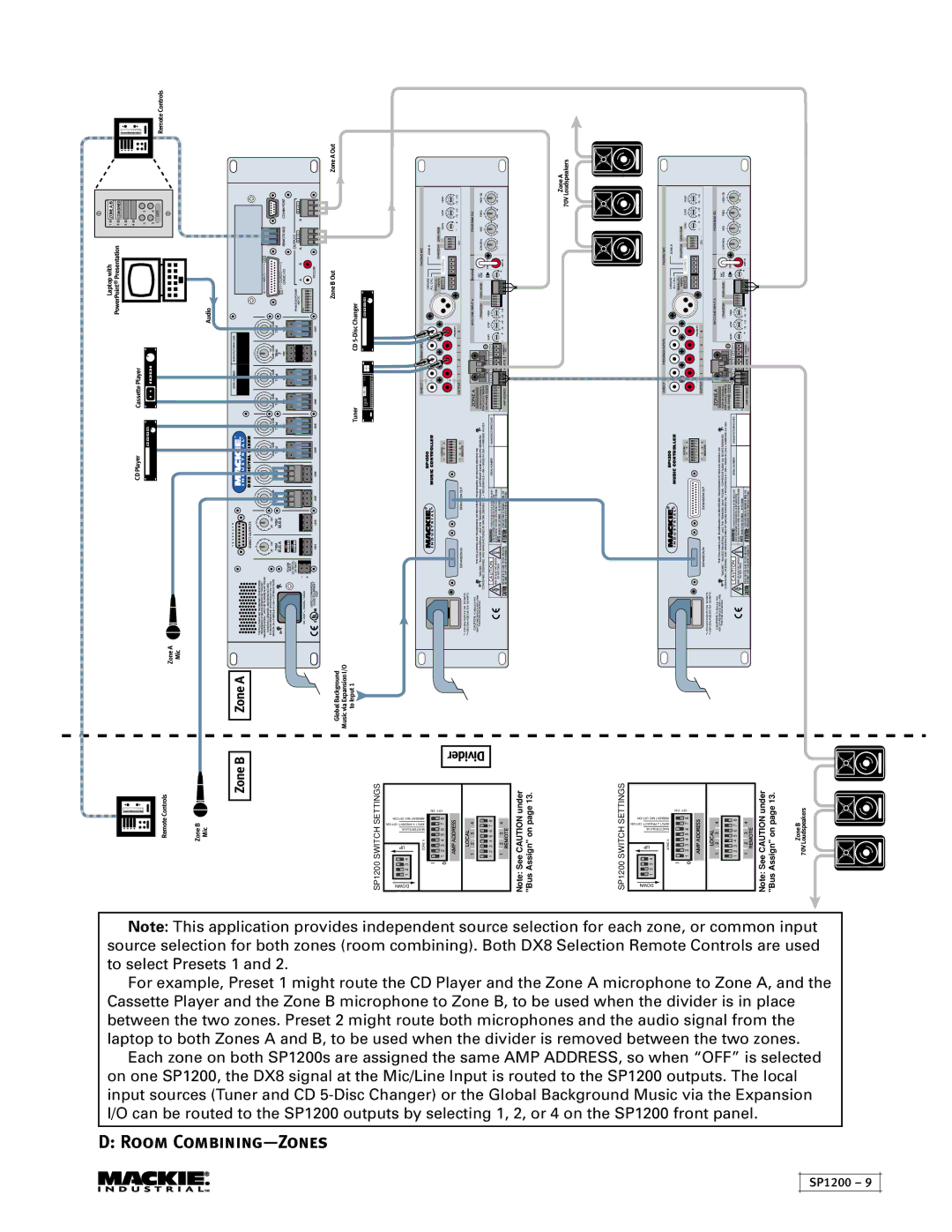 Mackie SP1200 user service Room Combining-Zones, Port Comm Remote BUS Outputs, Record, Direct, Expansion Inexpansion OUT 