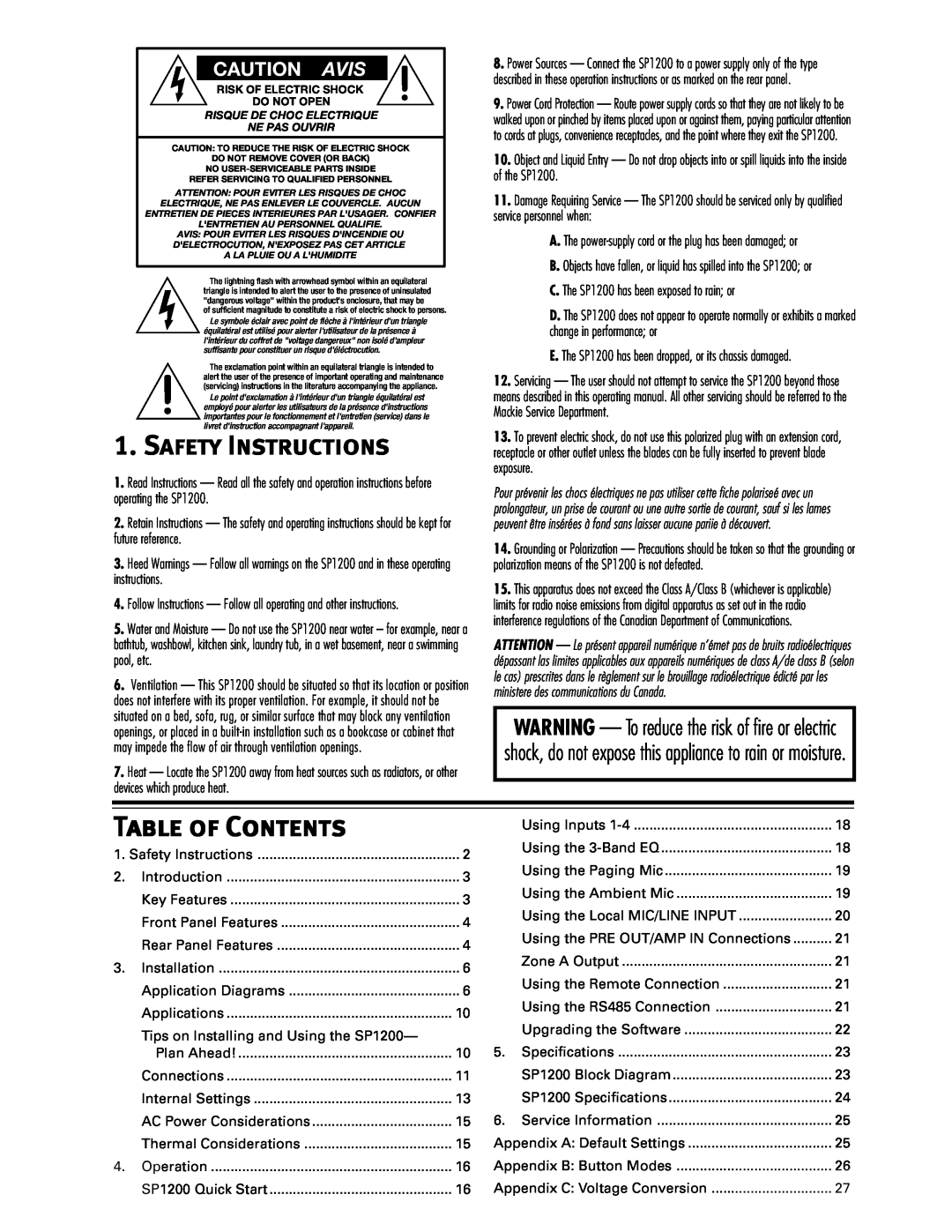 Mackie SP1200 user service Safety Instructions, Table of Contents, Caution Avis 