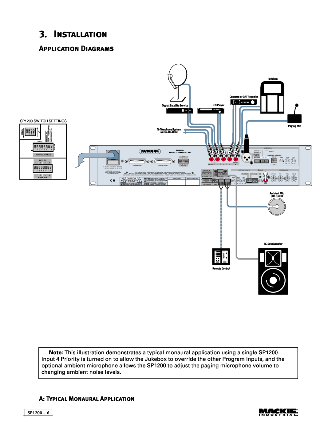 Mackie Installation, Application Diagrams, A Typical Monaural Application, SP1200 SWITCH SETTINGS, Paging Mic 