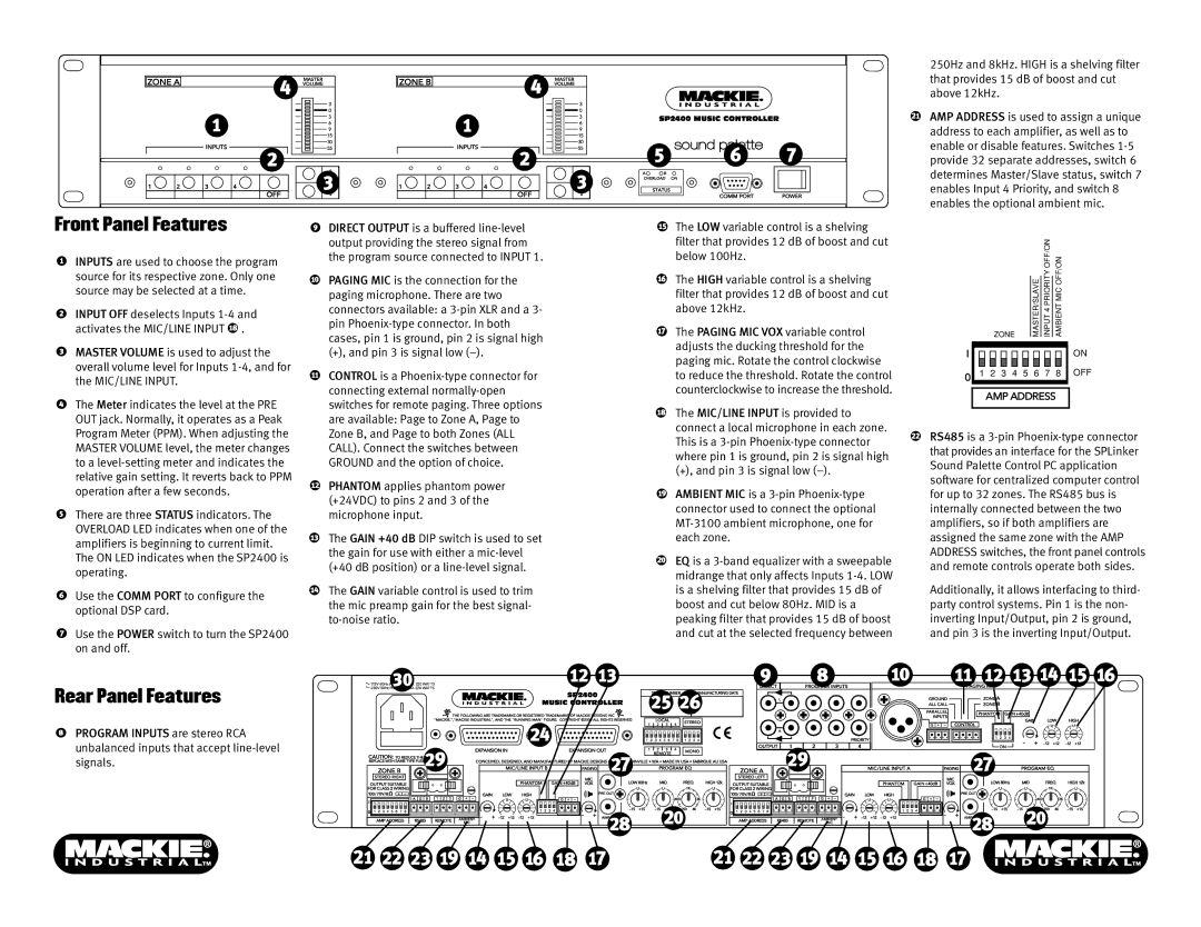 Mackie SP2400 quick start Front Panel Features, Rear Panel Features 