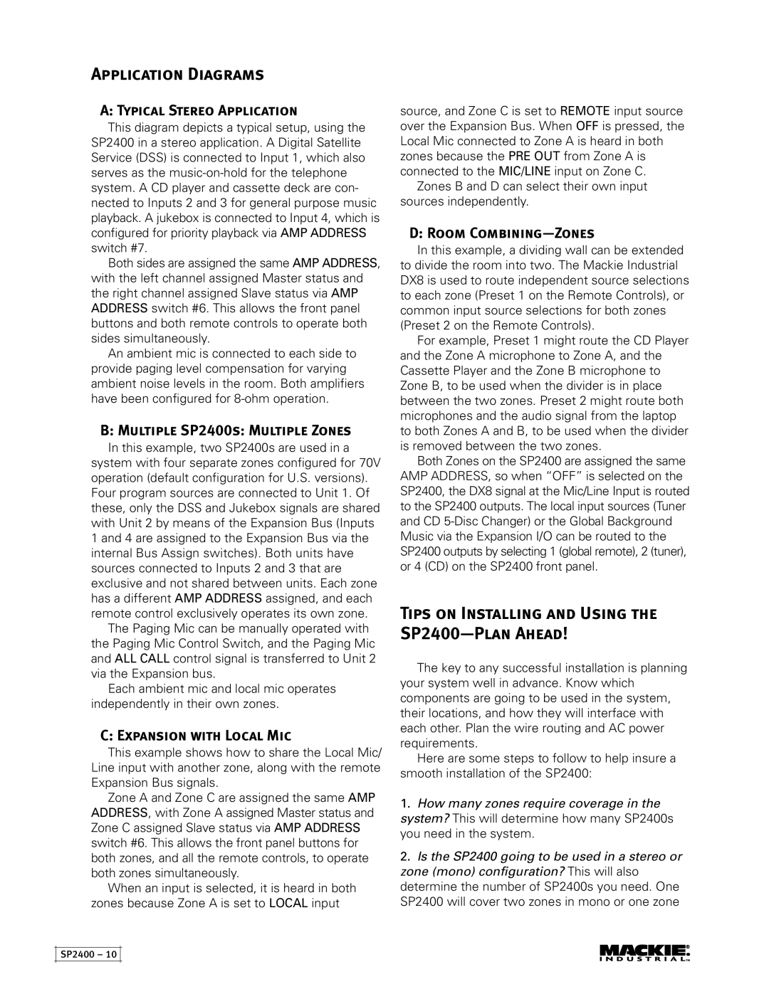 Mackie instruction manual Tips on Installing and Using the SP2400-Plan Ahead, Multiple SP2400s Multiple Zones 