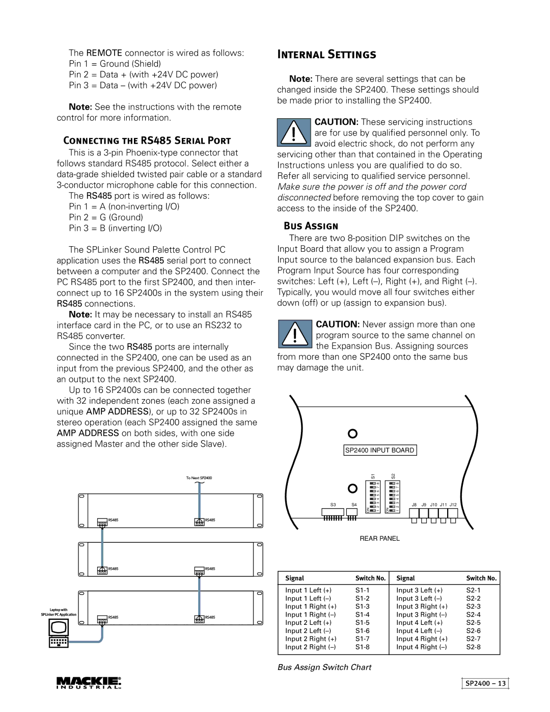 Mackie SP2400 instruction manual Internal Settings, Connecting the RS485 Serial Port, Bus Assign 