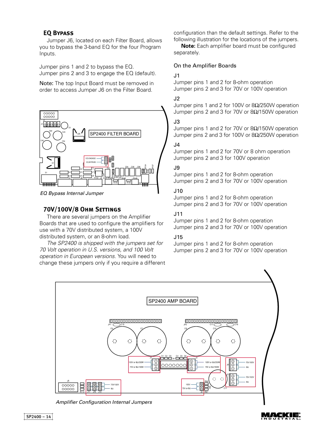 Mackie SP2400 instruction manual EQ Bypass, 70V/100V/8 Ohm Settings 