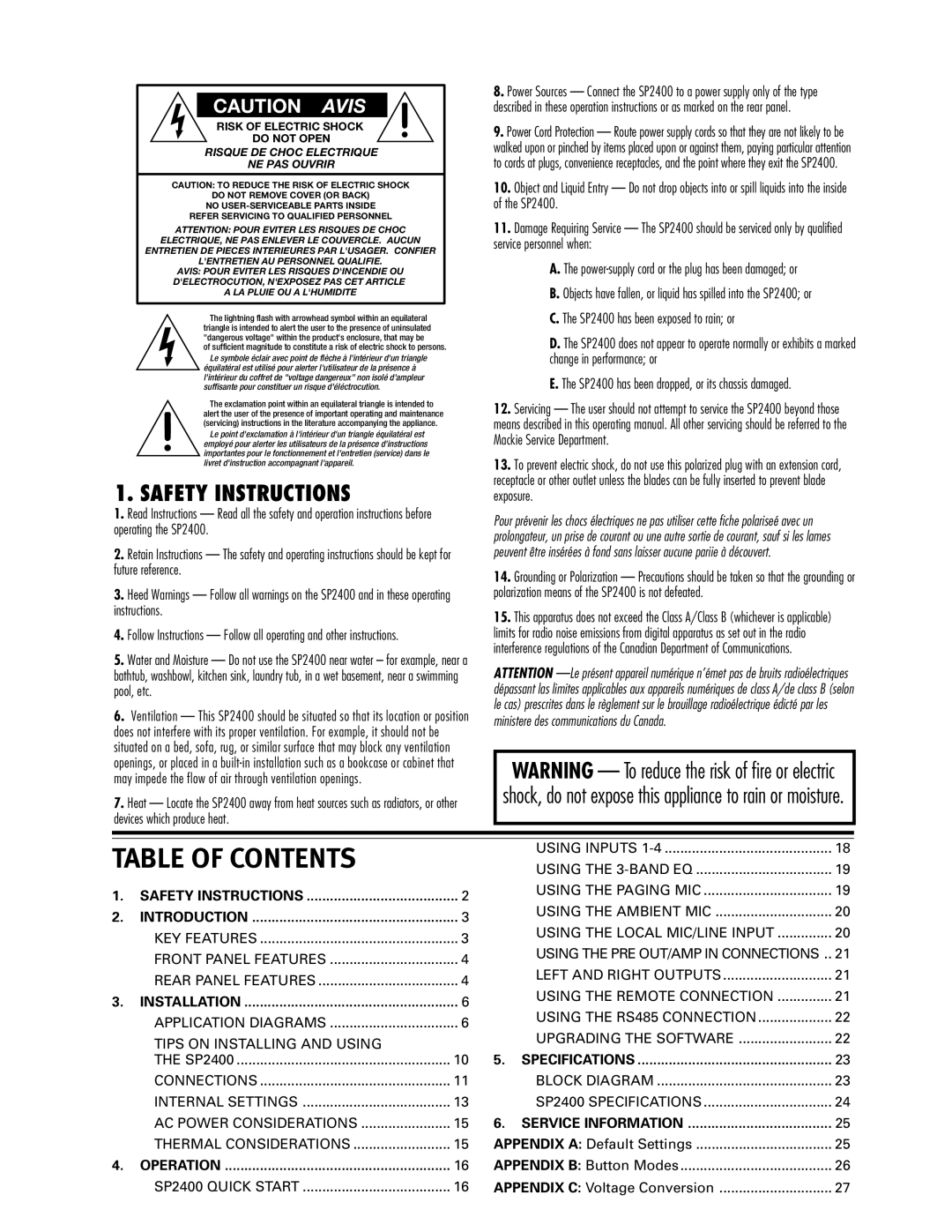 Mackie SP2400 instruction manual Table of Contents 