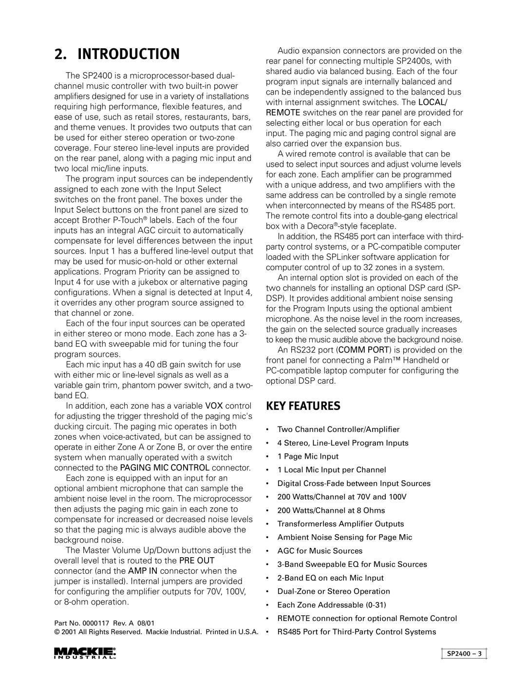 Mackie SP2400 instruction manual Introduction, KEY Features 