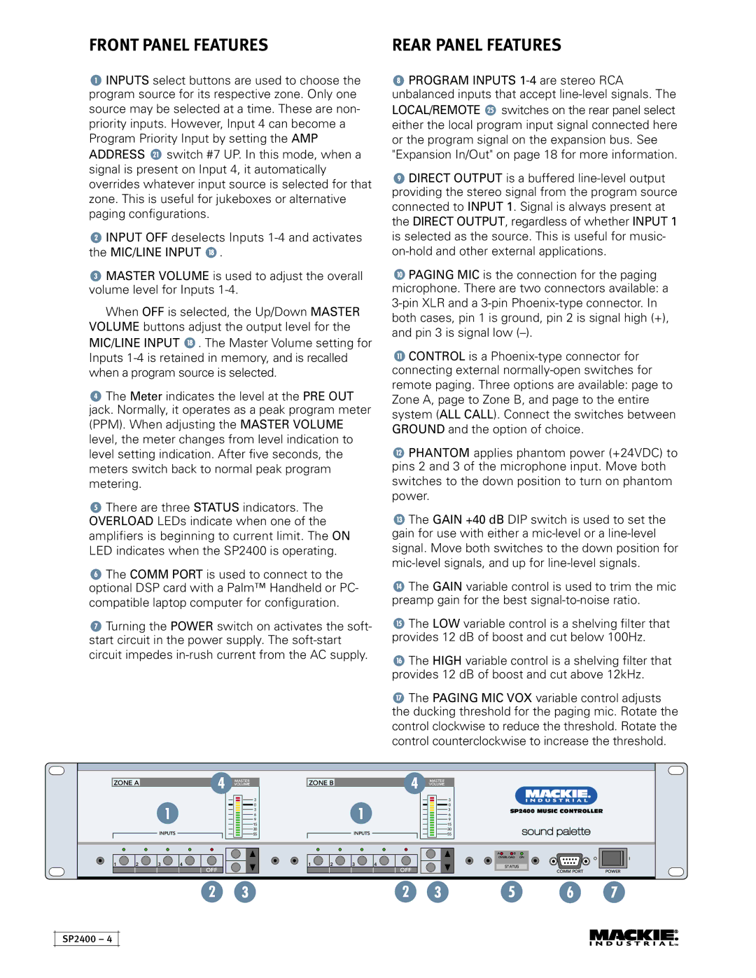 Mackie SP2400 instruction manual Front Panel Features, Status, Power 