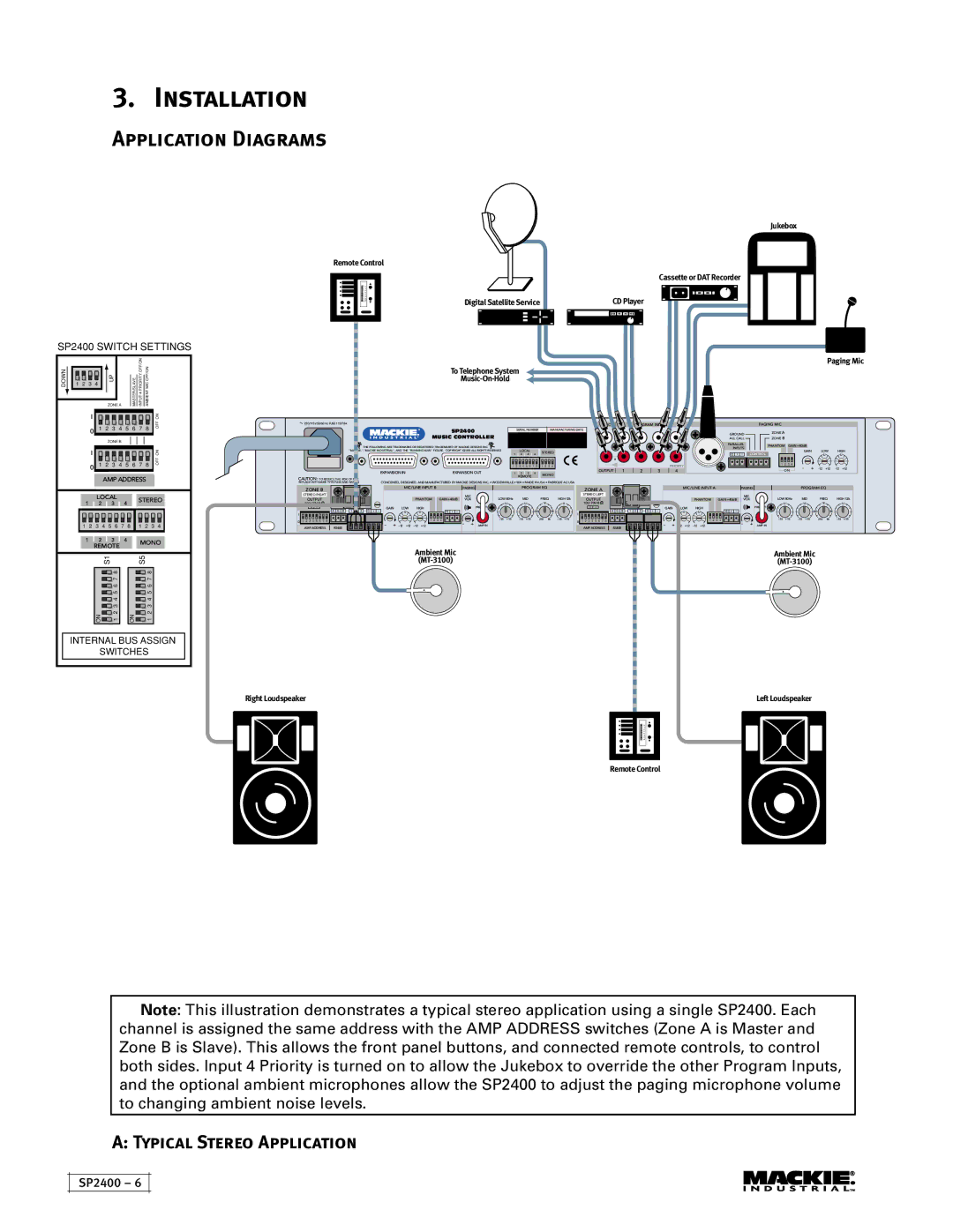 Mackie SP2400 instruction manual Application Diagrams, Typical Stereo Application, CD Player, Ambient Mic, MT-3100 