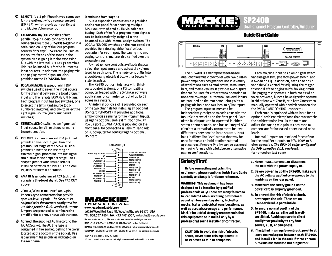 Mackie SP2400 quick start Dual-ChannelProgram Controller/Amplifier, Safety First, Quick-StartGuide 