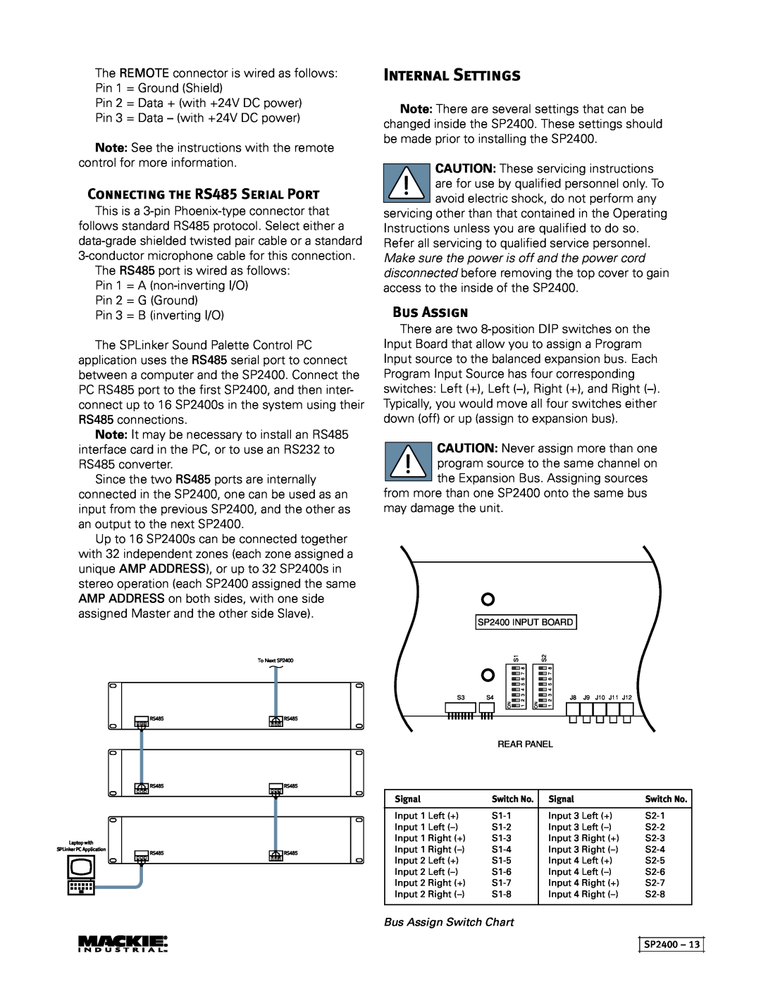 Mackie SP2400 instruction manual Internal Settings, Connecting the RS485 Serial Port, Bus Assign 