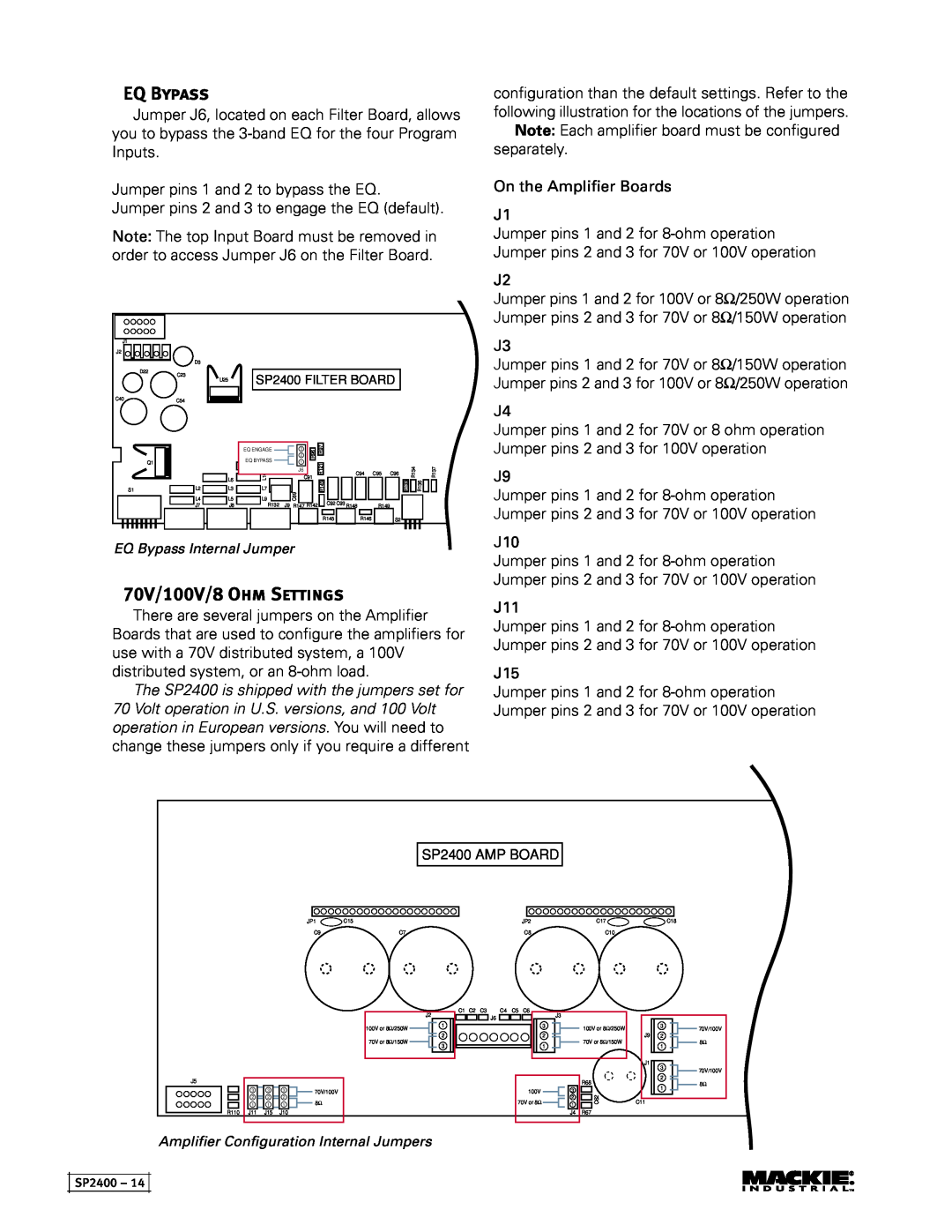 Mackie SP2400 instruction manual EQ Bypass, 70V/100V/8 Ohm Settings 