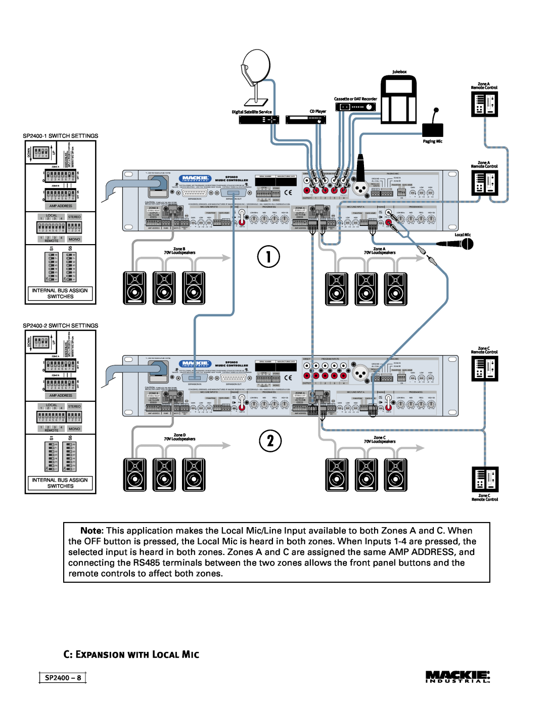 Mackie C Expansion with Local Mic, SP2400-1SWITCH SETTINGS, SP2400-2SWITCH SETTINGS, Internal Bus Assign Switches 