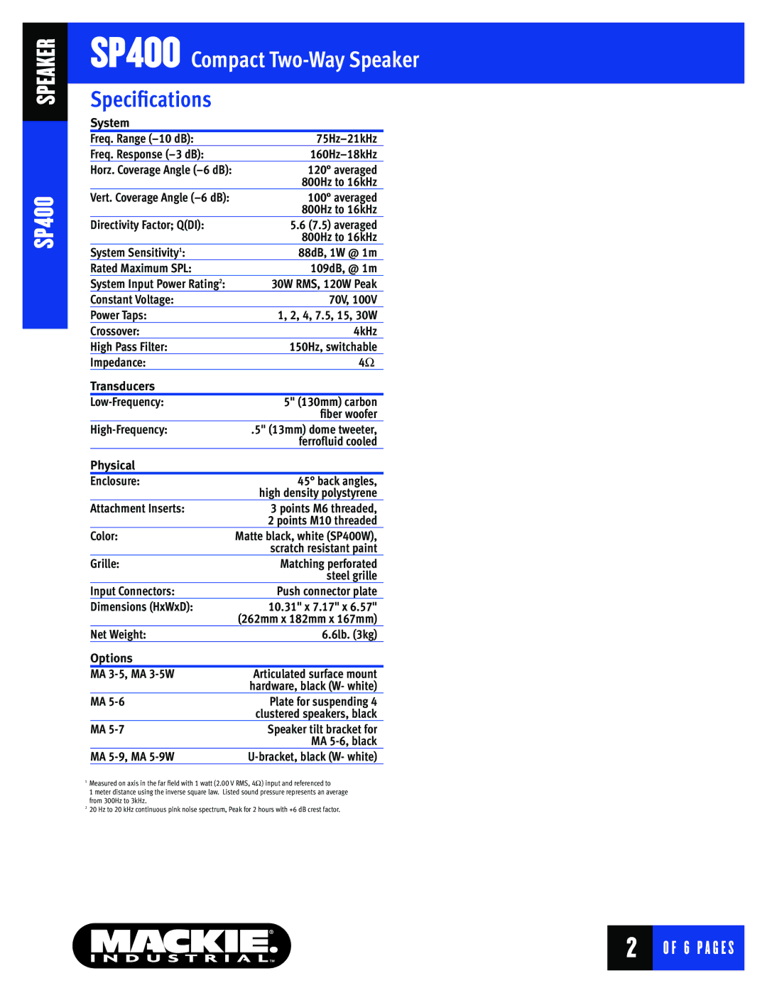 Mackie SP400 warranty Speciﬁcations 