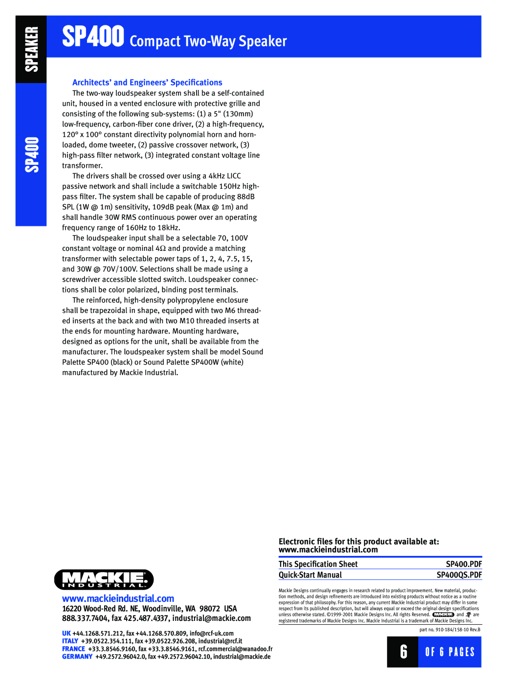 Mackie SP400 warranty Architects’ and Engineers’ Speciﬁcations, This Speciﬁcation Sheet Quick-Start Manual 