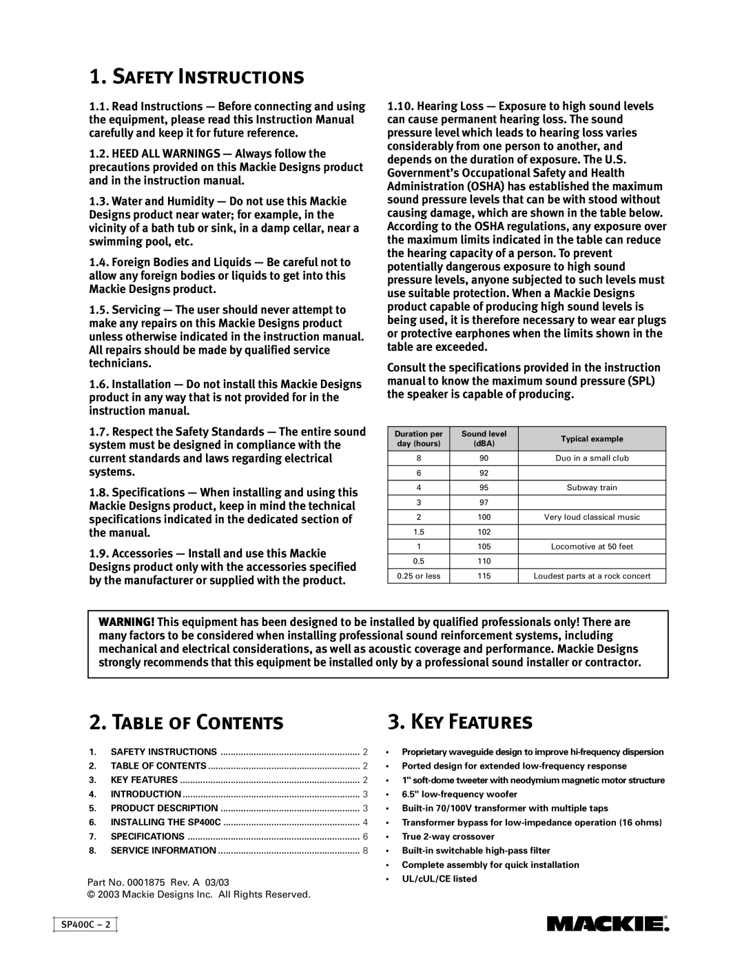 Mackie SP400C instruction manual Safety Instructions, Table of Contents 