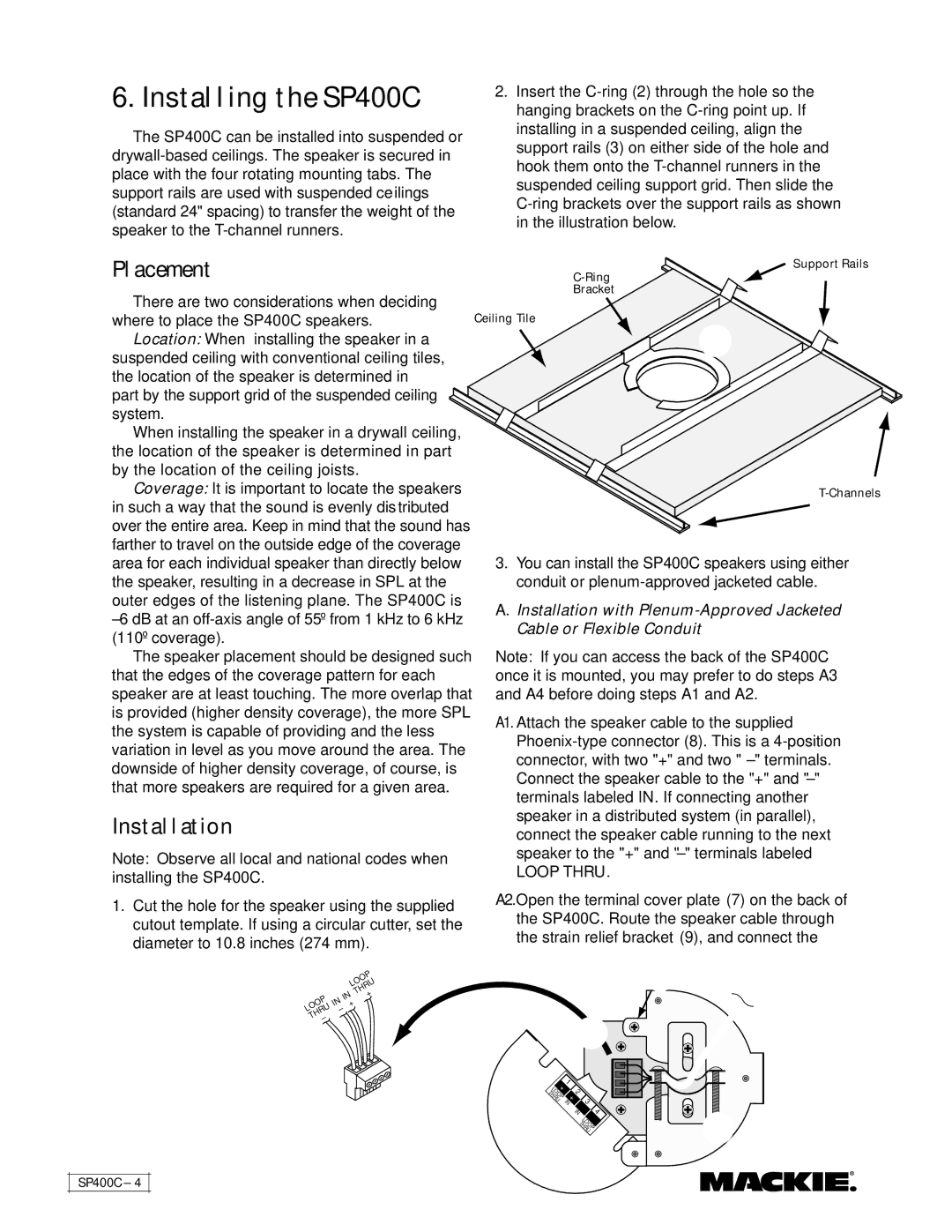 Mackie instruction manual Installing the SP400C, Placement, Installation 