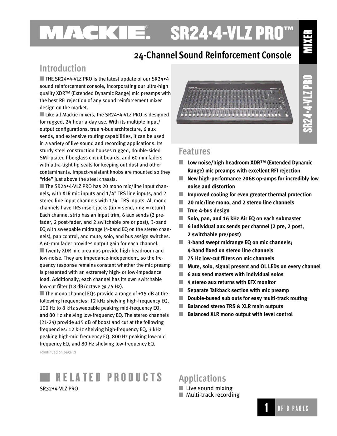 Mackie SR244-VLZ manual Introduction, Features, Applications 