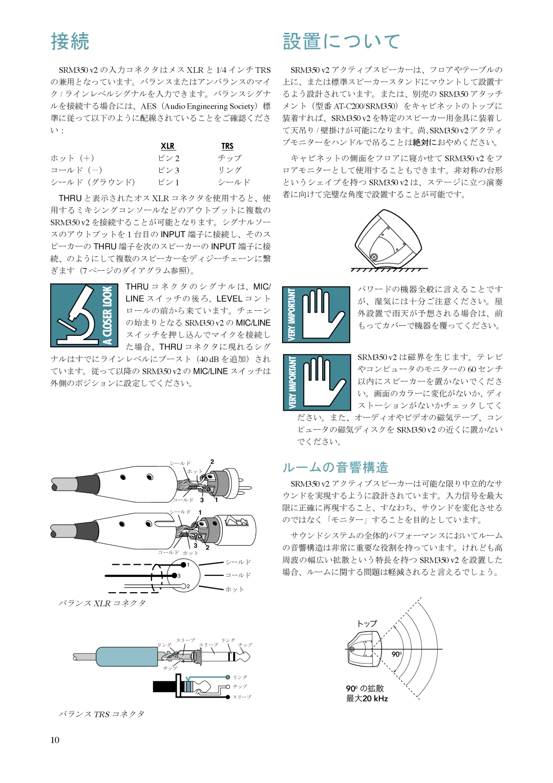 Mackie SRM350 V2 manual 設置について, ルームの音響構造, SRM350 v2 の入力コネクタはメス XLR と 1/4 インチ TRS 