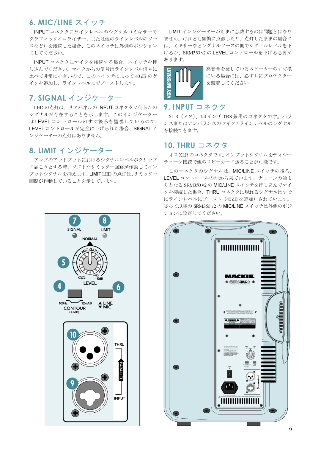 Mackie SRM350 V2 高音量を発しているスピーカーのすぐ横 にいる場合には、必ず耳にプロテクター を装着してください。, アンプのアウトプットにおけるシグナルレベルがクリップ, チェーン接続で他のスピーカーに送ることが可能です。 