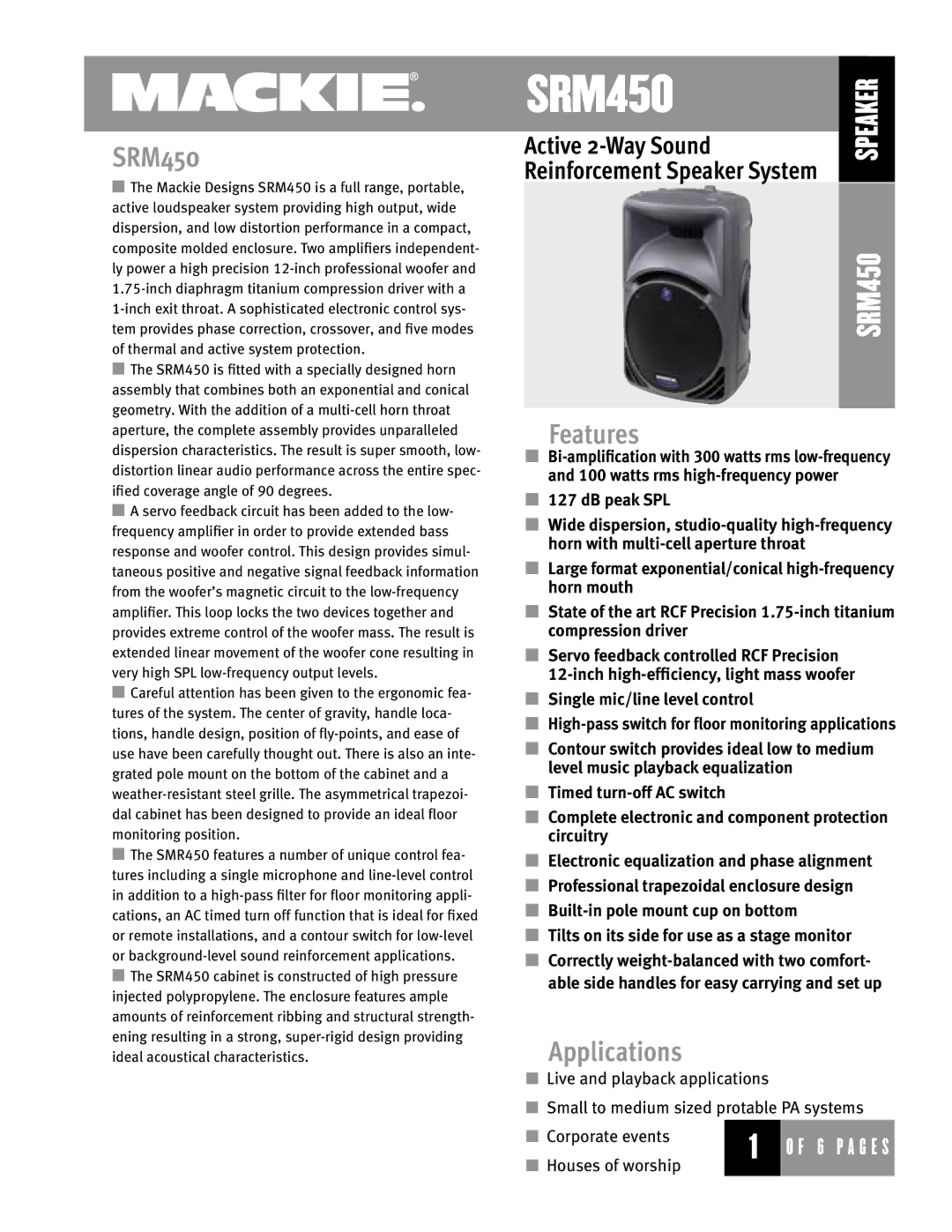 Mackie SRM450 manual Features, Applications 