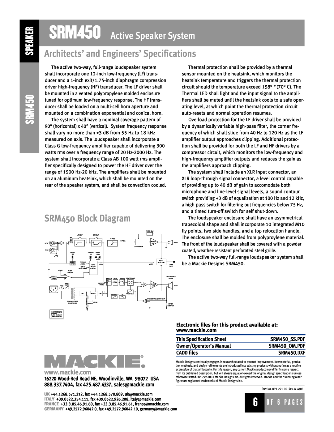 Mackie manual Architects’ and Engineers’ Specifications, SRM450 Block Diagram, SRM450 Active Speaker System 
