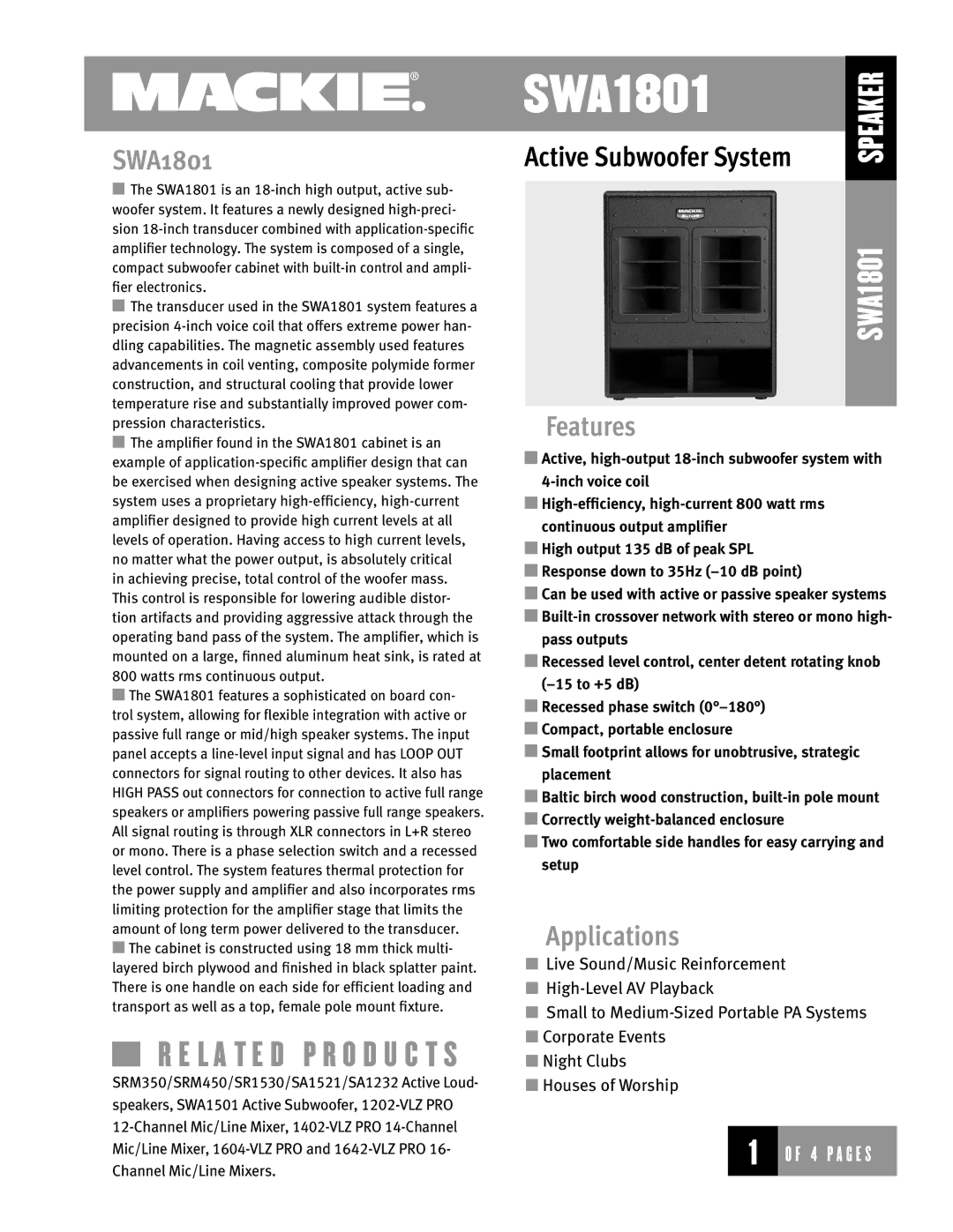 Mackie SWA1801 manual Features, Applications 