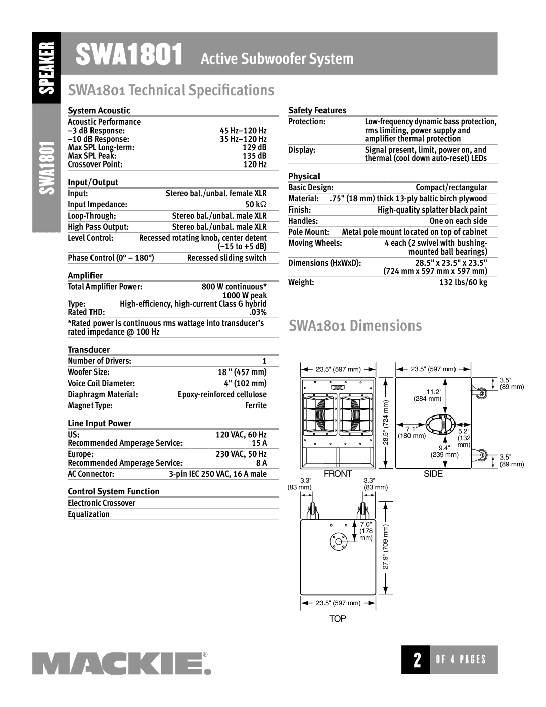 Mackie manual SWA1801 Dimensions 