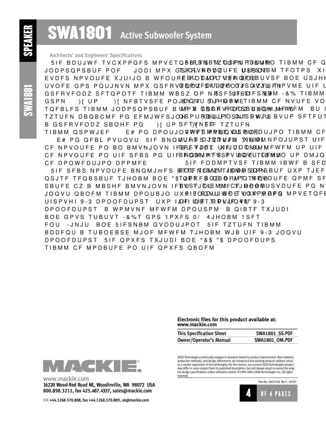 Mackie SWA1801 manual Architects’ and Engineers’ Specifications, This Specification Sheet Owner/Operator’s Manual 