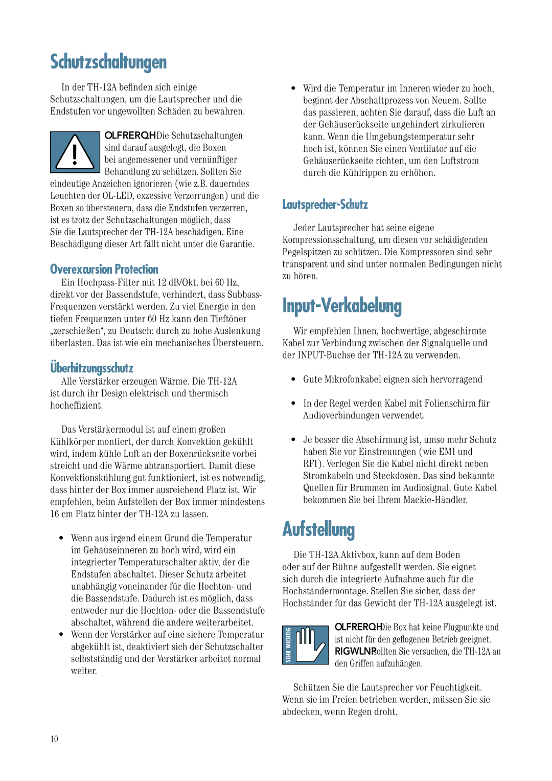 Mackie TH-12A manual Schutzschaltungen, Input-Verkabelung, Aufstellung 