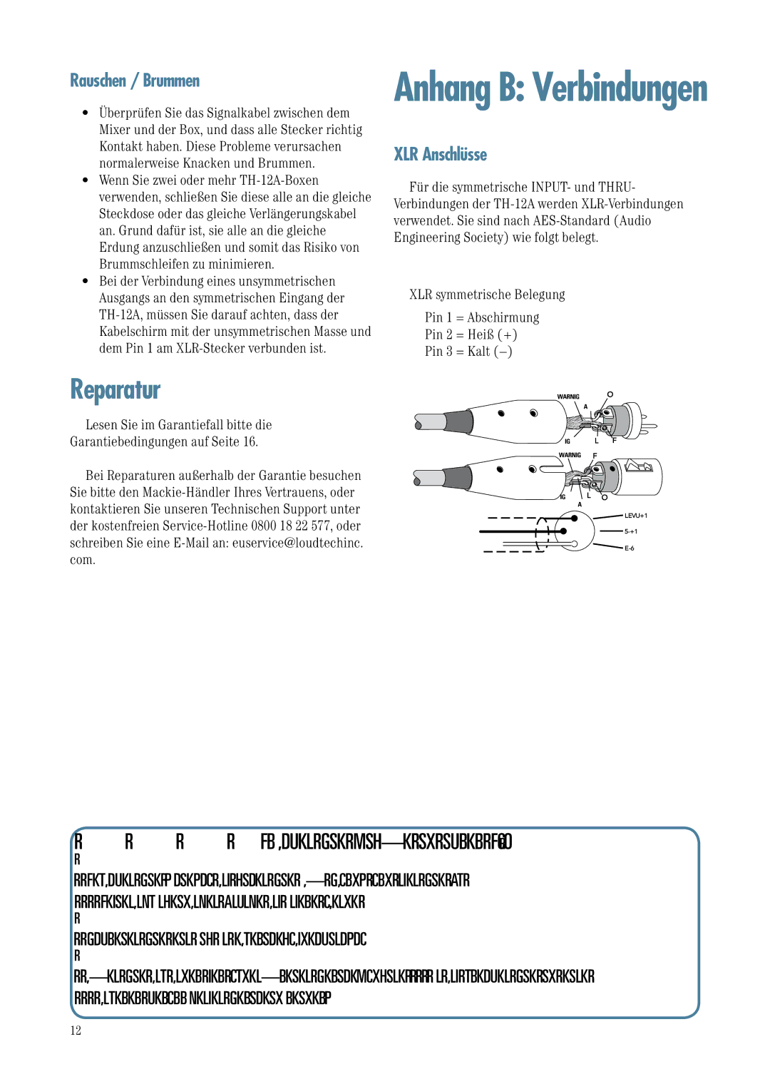 Mackie TH-12A manual Reparatur, Rauschen / Brummen, XLR Anschlüsse 