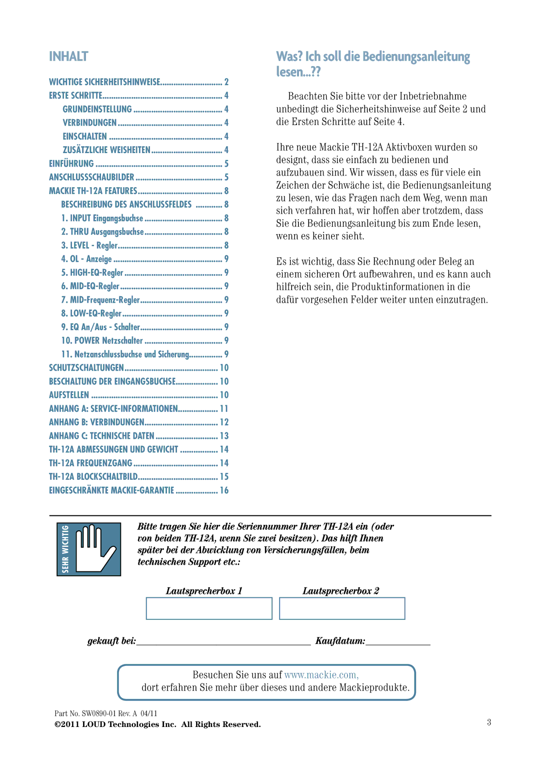 Mackie TH-12A manual Inhalt 