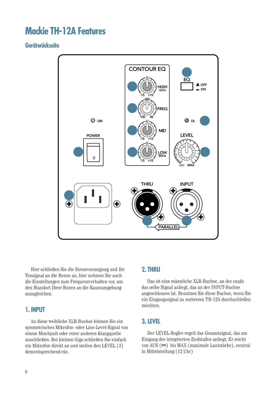 Mackie manual Mackie TH-12A Features, Geräterückseite, Input, Thru, Level 