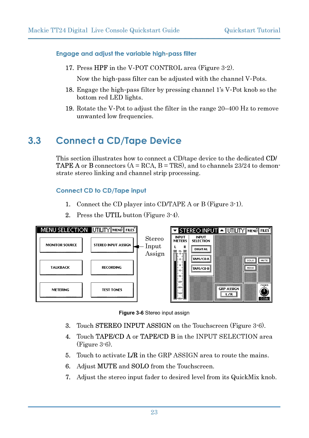 Mackie TT24 manual Connect a CD/Tape Device, Engage and adjust the variable high-pass filter, Connect CD to CD/Tape input 