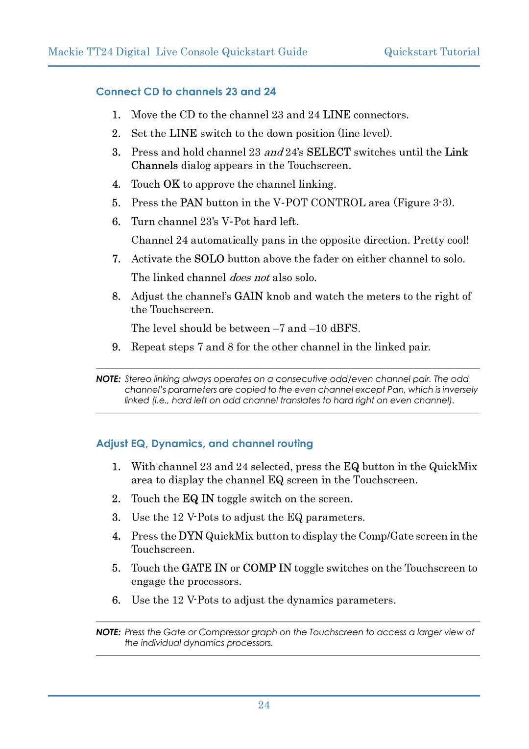 Mackie TT24 manual Connect CD to channels 23, Adjust EQ, Dynamics, and channel routing 