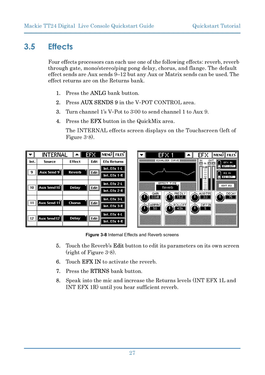 Mackie TT24 manual 8Internal Effects and Reverb screens 