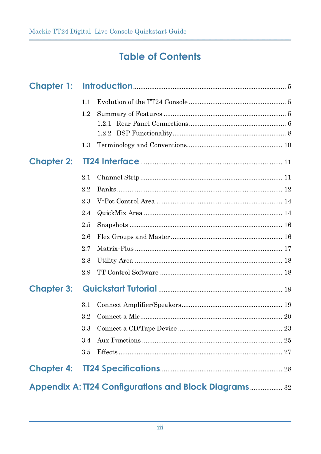 Mackie TT24 manual Table of Contents 