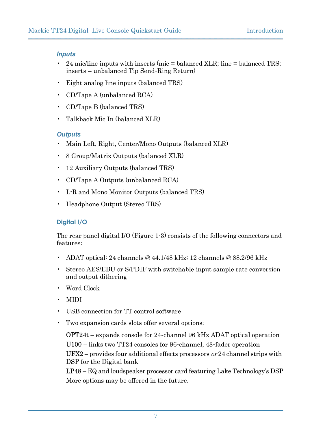 Mackie TT24 manual Inputs, Digital I/O 