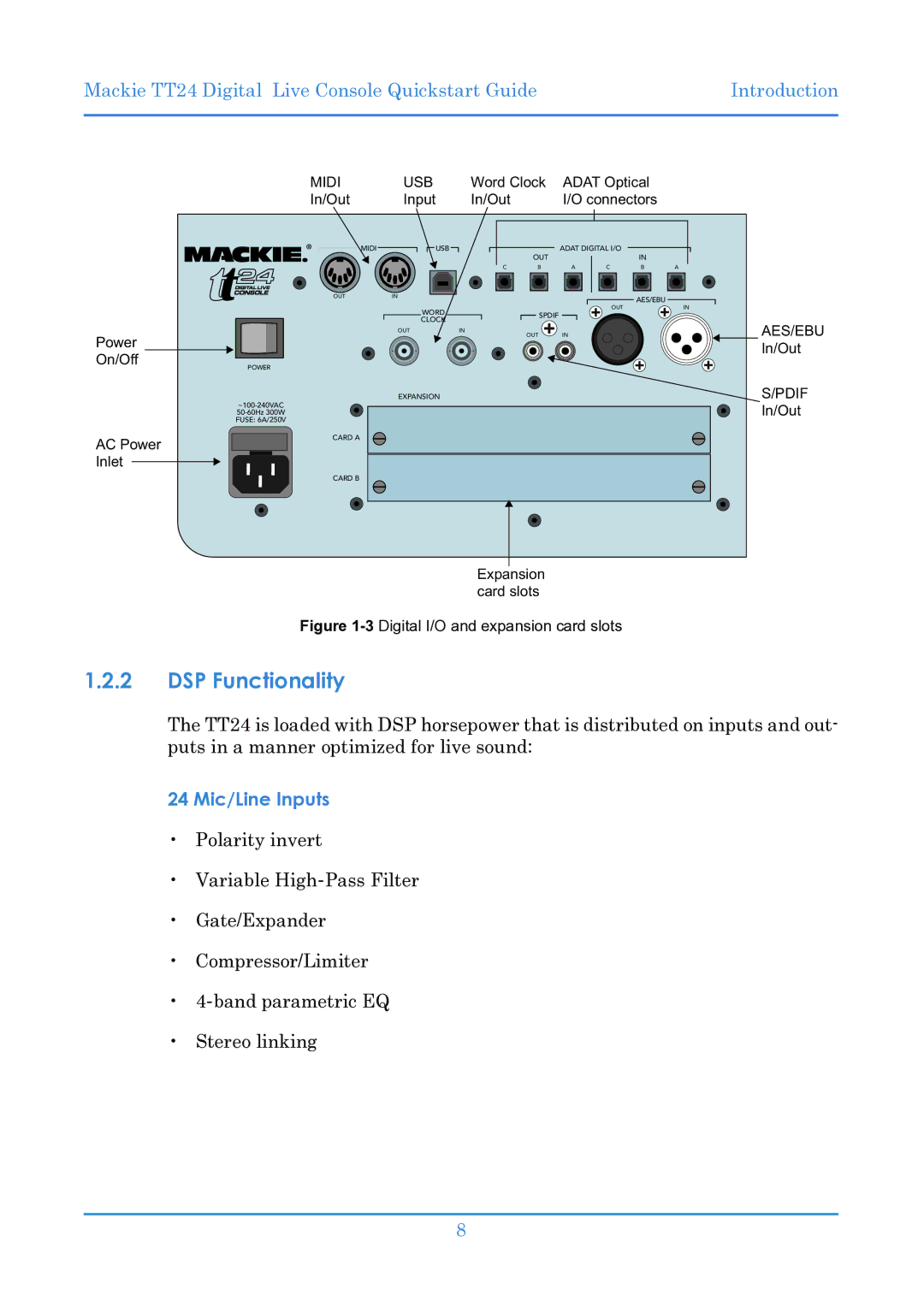 Mackie TT24 manual 24 Mic/Line Inputs, Midi USB 