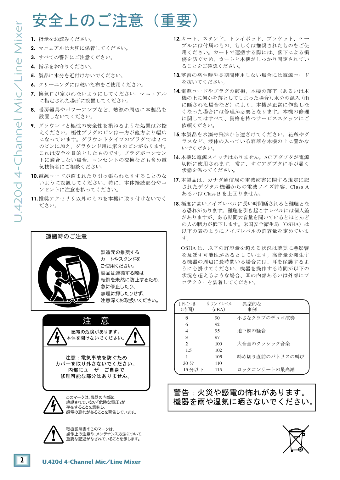 Mackie U.420D manual 安全上のご注意（重要）, 420d 4-Channel Mic/Line Mixer 